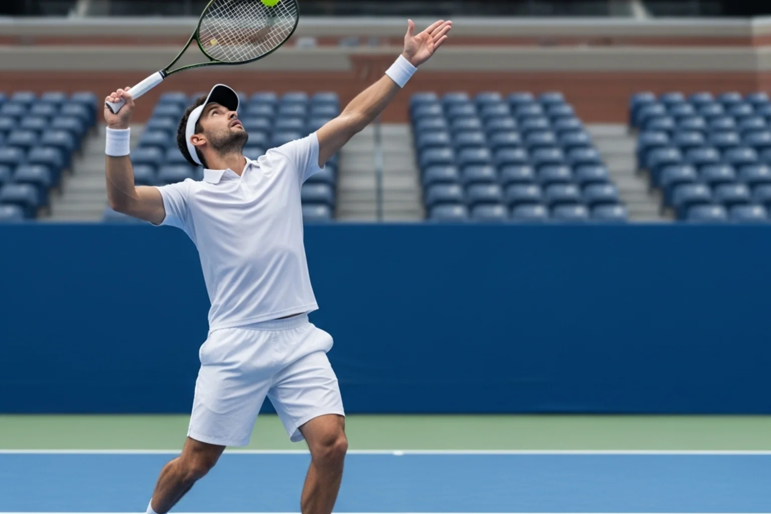 Jugador ATP ejecutando saque potente con pelota desenfocada en pista dura