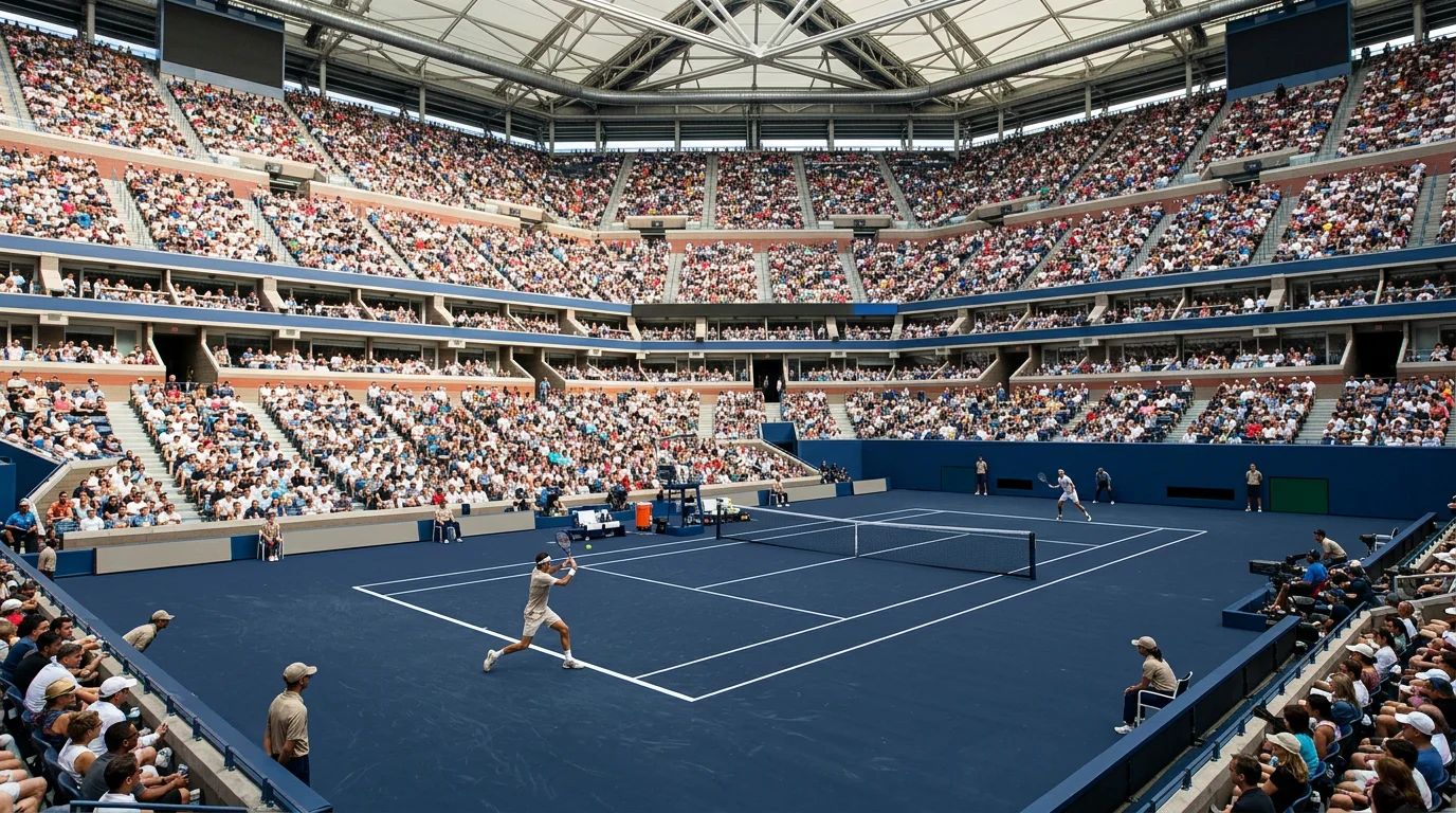 Pista central de Grand Slam con trofeo y público durante final del torneo