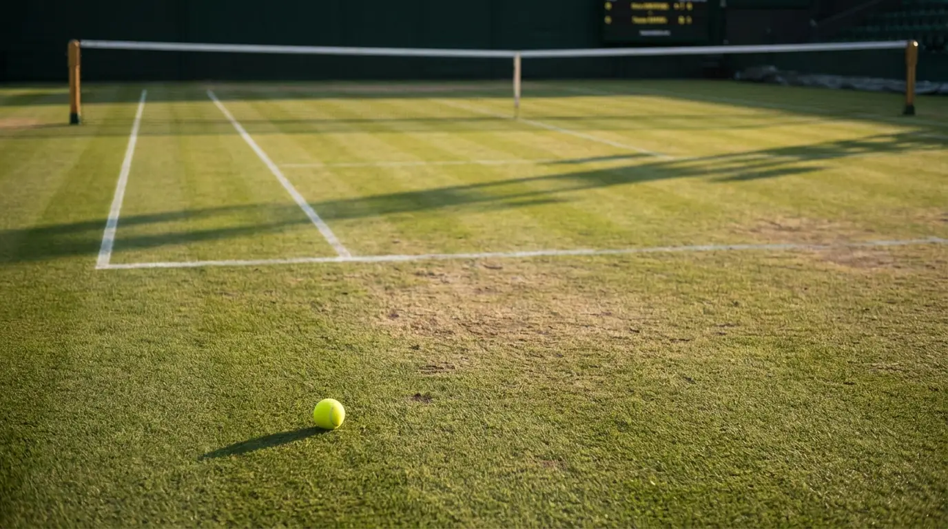 Pista de hierba del circuito ATP con marcas de juego visibles cerca de la línea de fondo