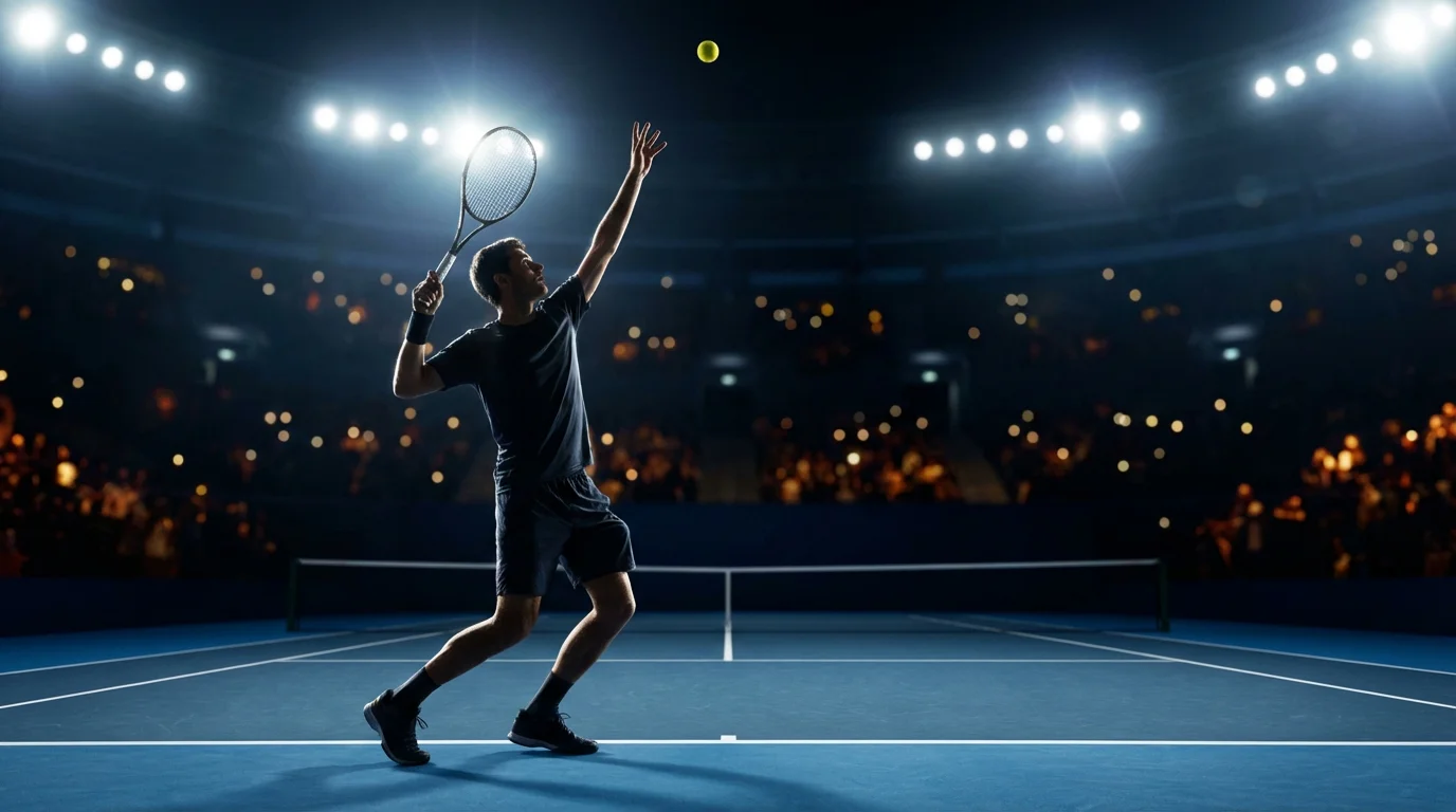 Tenista ATP sacando bajo los focos de una pista dura indoor durante un partido nocturno