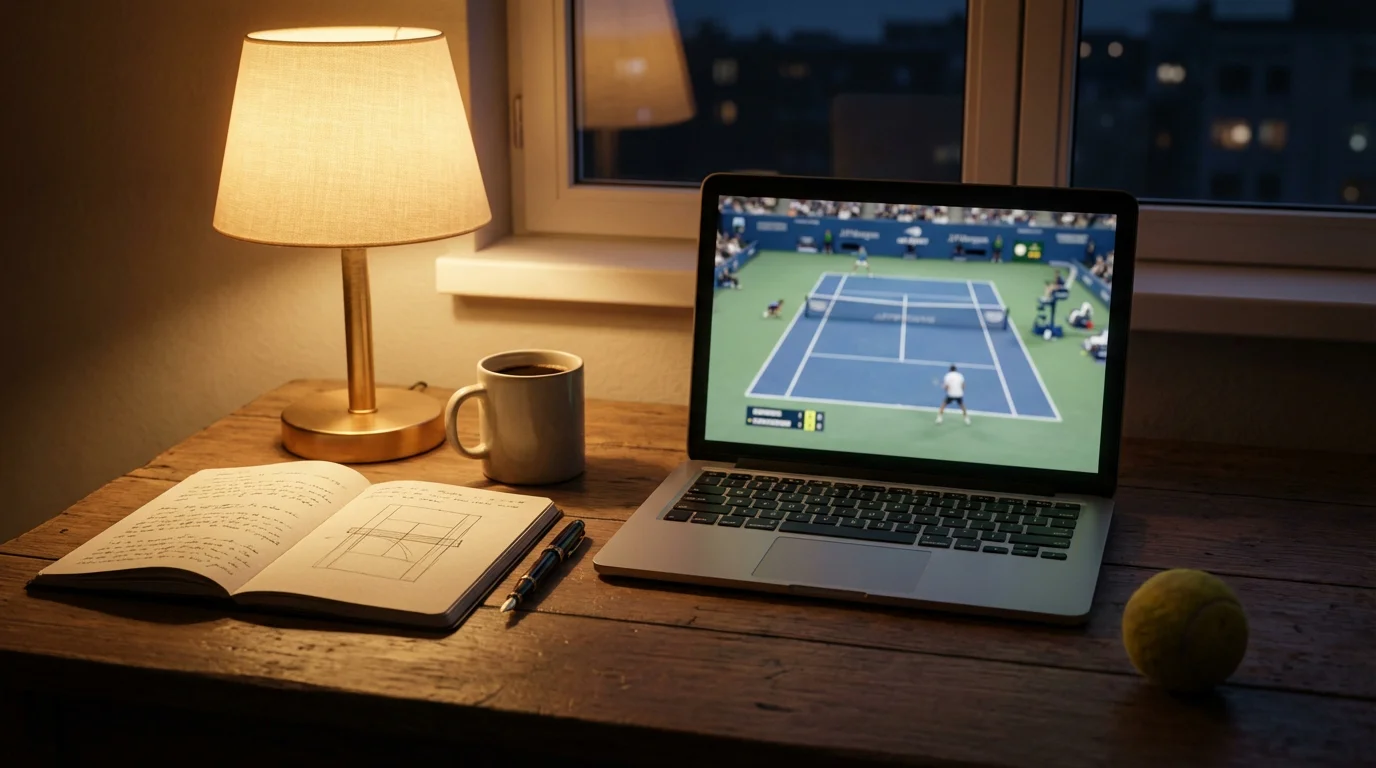 Mesa de trabajo de un analista con streaming de un partido ATP en pantalla y cuaderno de notas