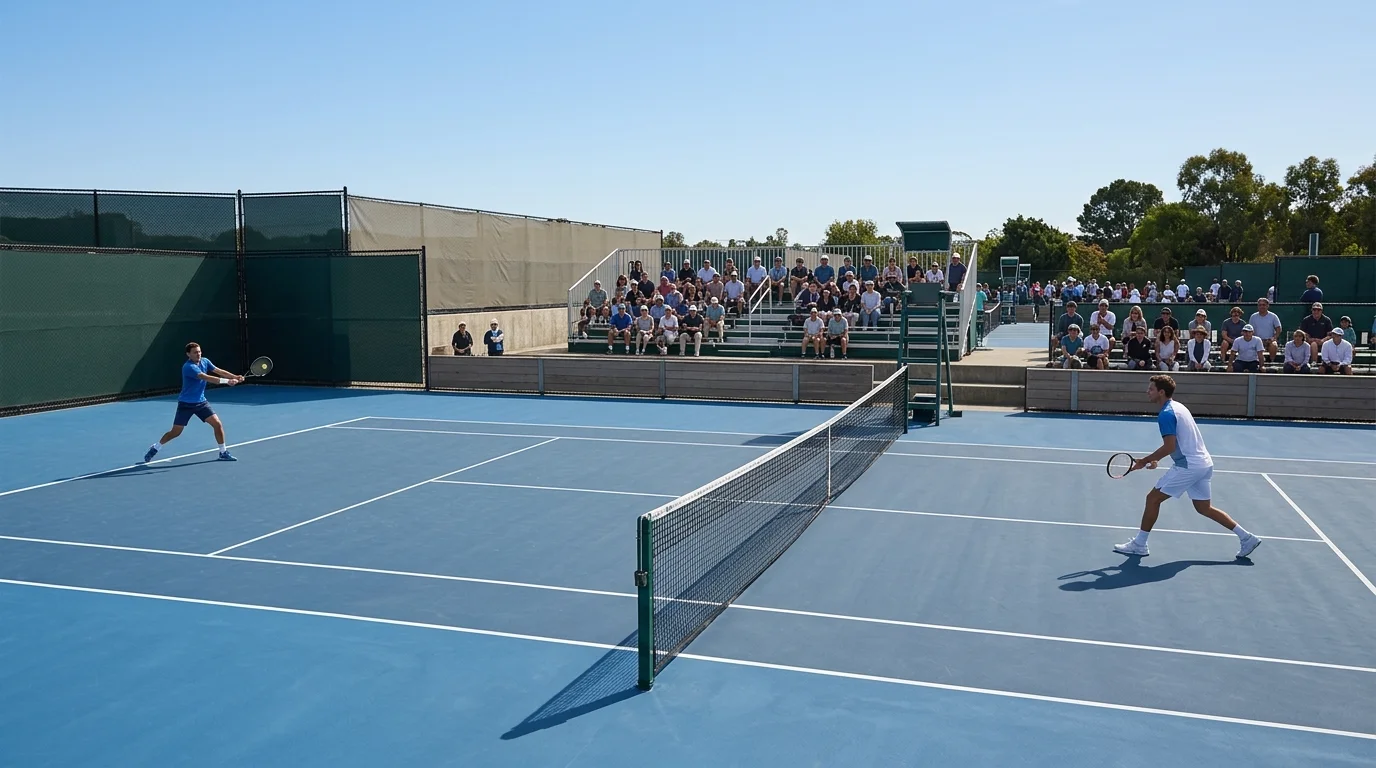 Pista de torneo ATP 250 con grada reducida y juego en curso