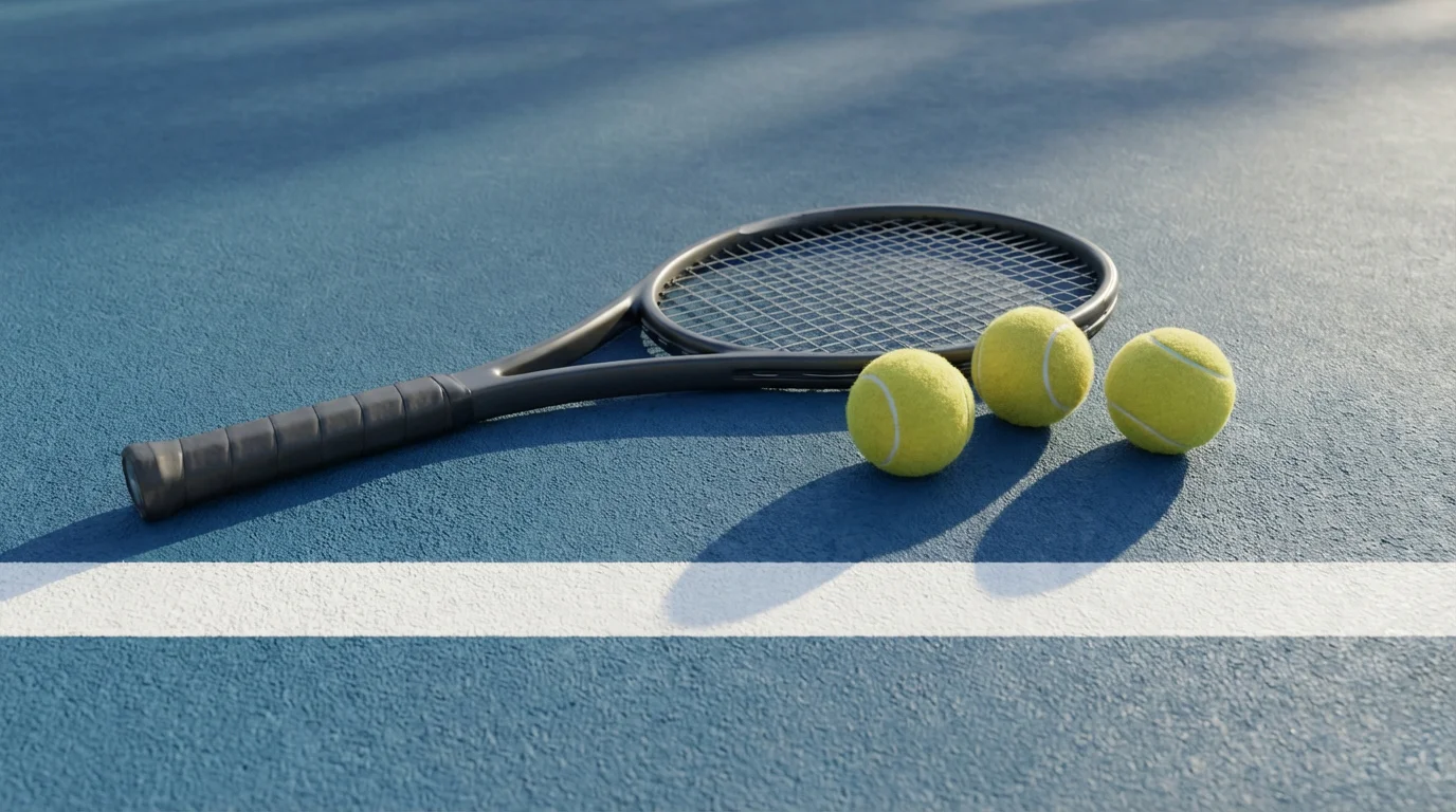 Raqueta de tenis y pelotas sobre pista dura azul con líneas blancas en primer plano