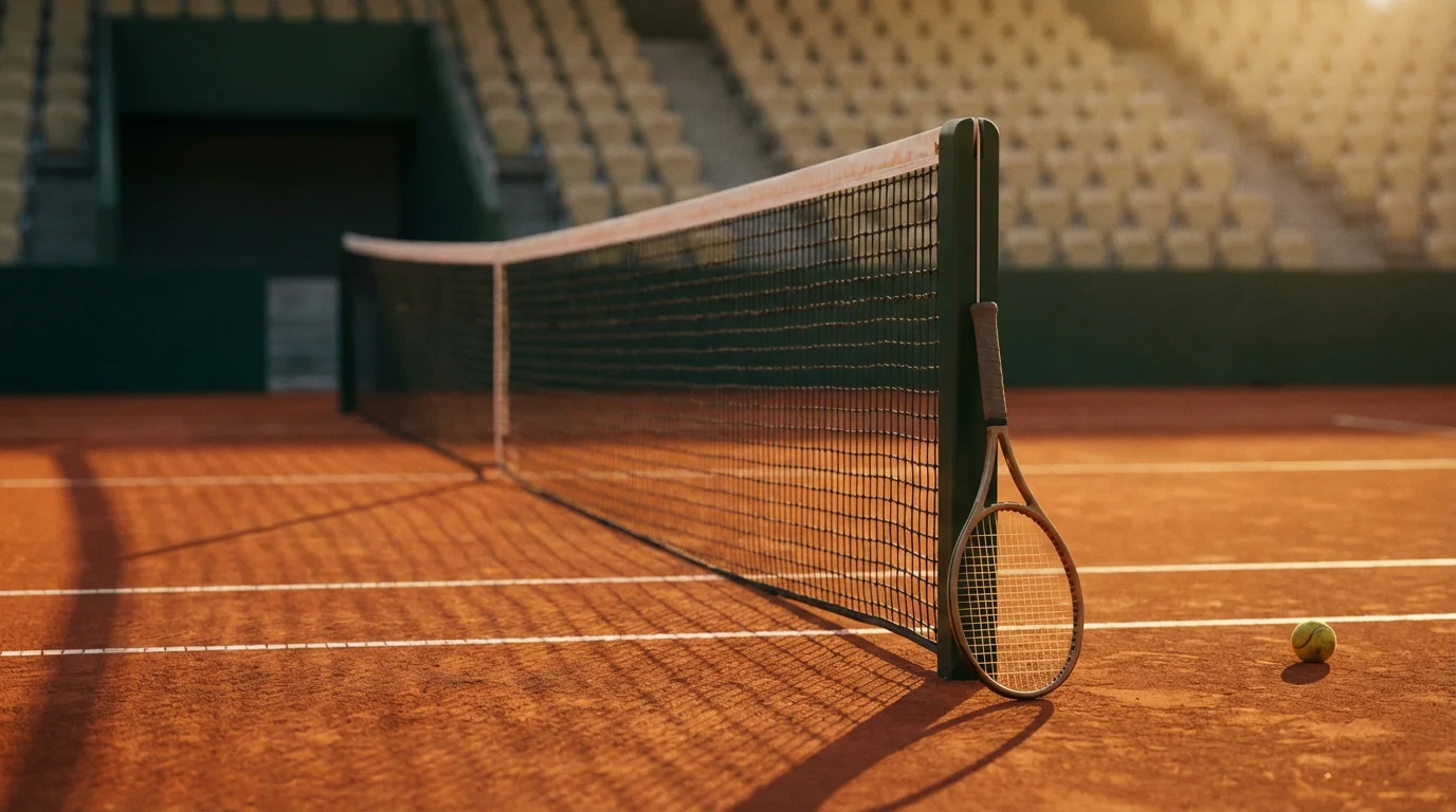 Pista central de un torneo ATP al atardecer con marcas de tierra batida