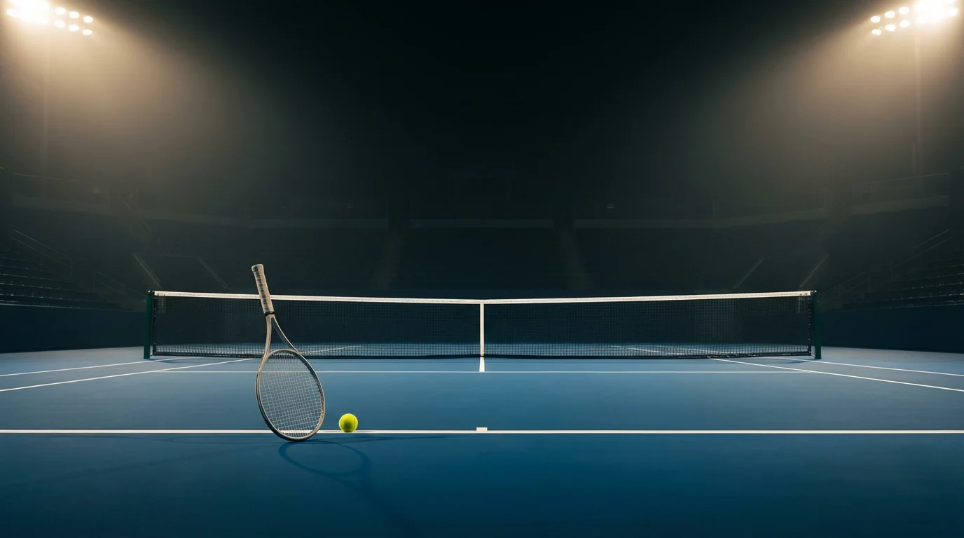 Silueta de jugador de tenis en pista central bajo luz tenue como metáfora de la vigilancia de integridad