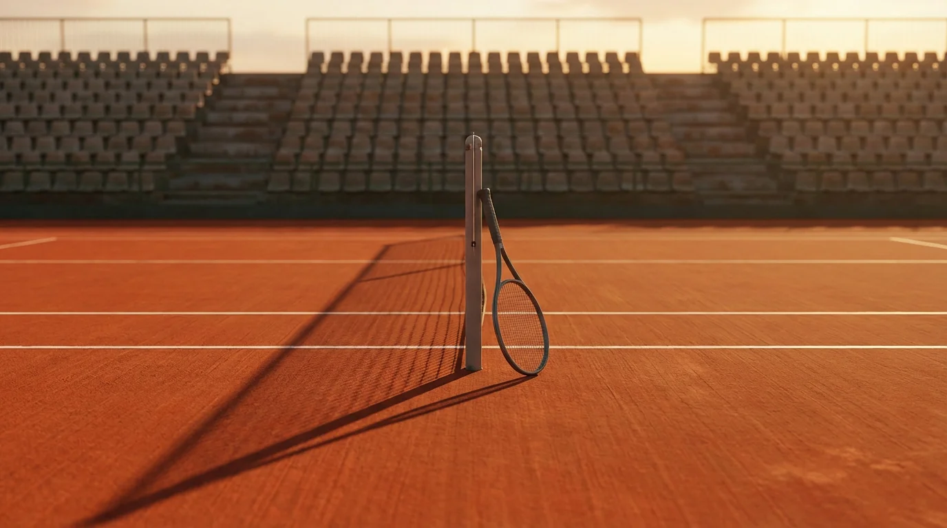Pista de tenis de tierra batida vacía con una raqueta apoyada en la red al atardecer