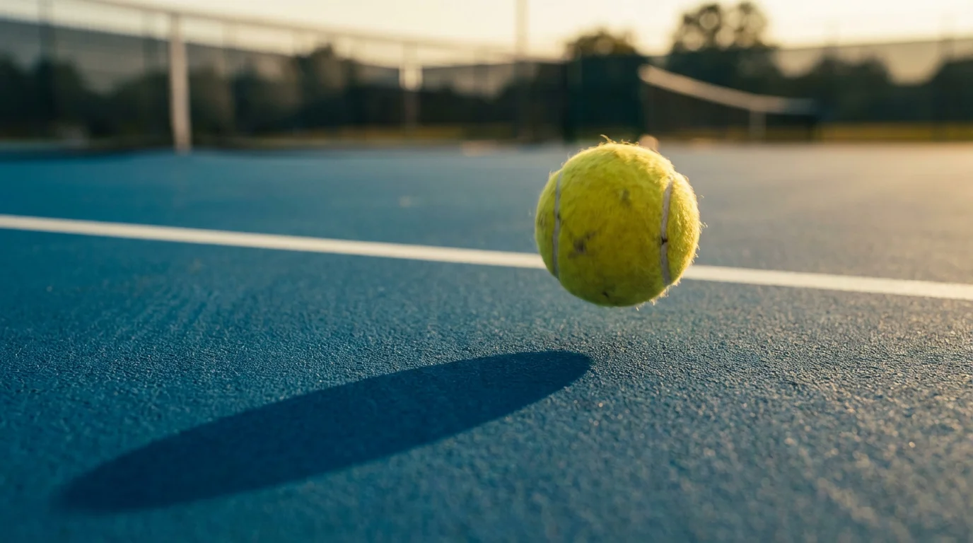 Pelota de tenis amarilla en el aire sobre una pista dura azul con la línea blanca iluminada