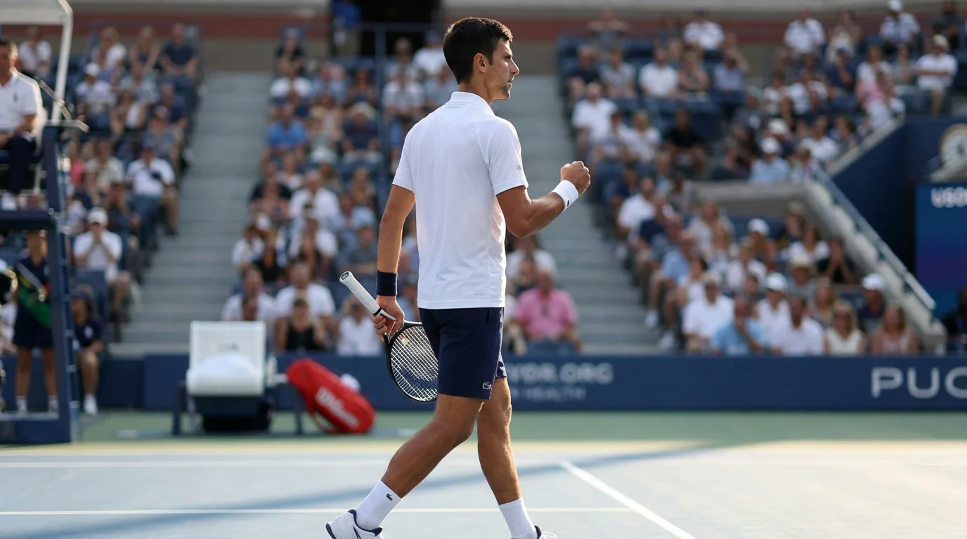 Jugador ATP celebrando un break clave durante partido en pista dura