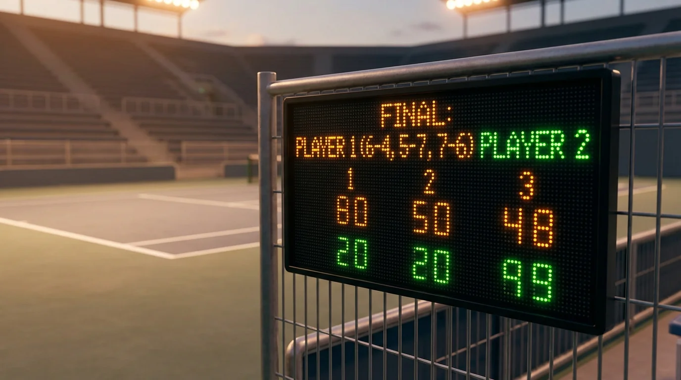 Marcador de tenis con resultado por sets en partido del circuito ATP
