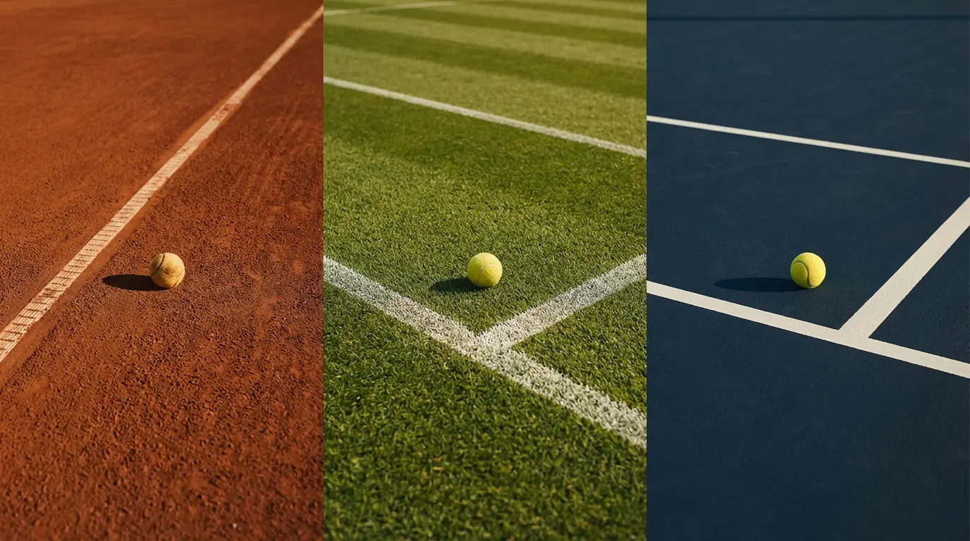 Comparativa visual de pista de tierra batida, hierba y pista dura del circuito ATP