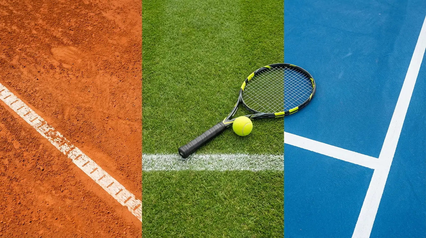 Tres pistas de tenis ATP con tierra batida, hierba y pista dura junto a una raqueta y pelotas
