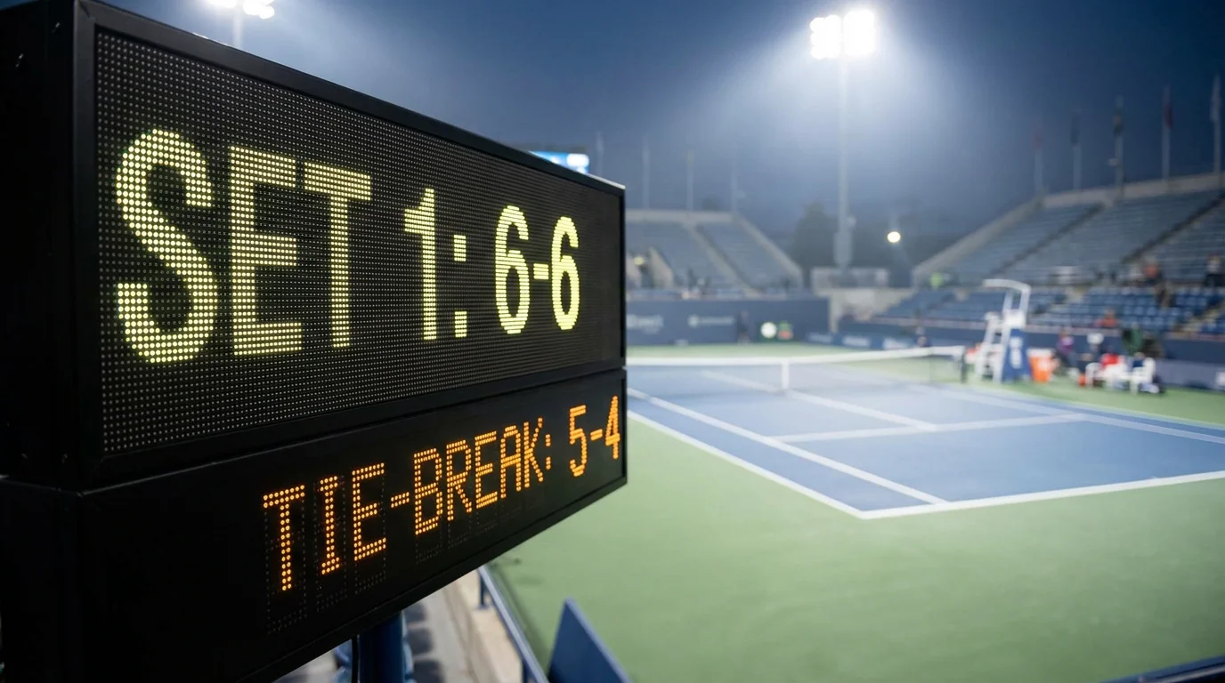 Marcador de tenis con tie-break en curso durante partido del circuito ATP